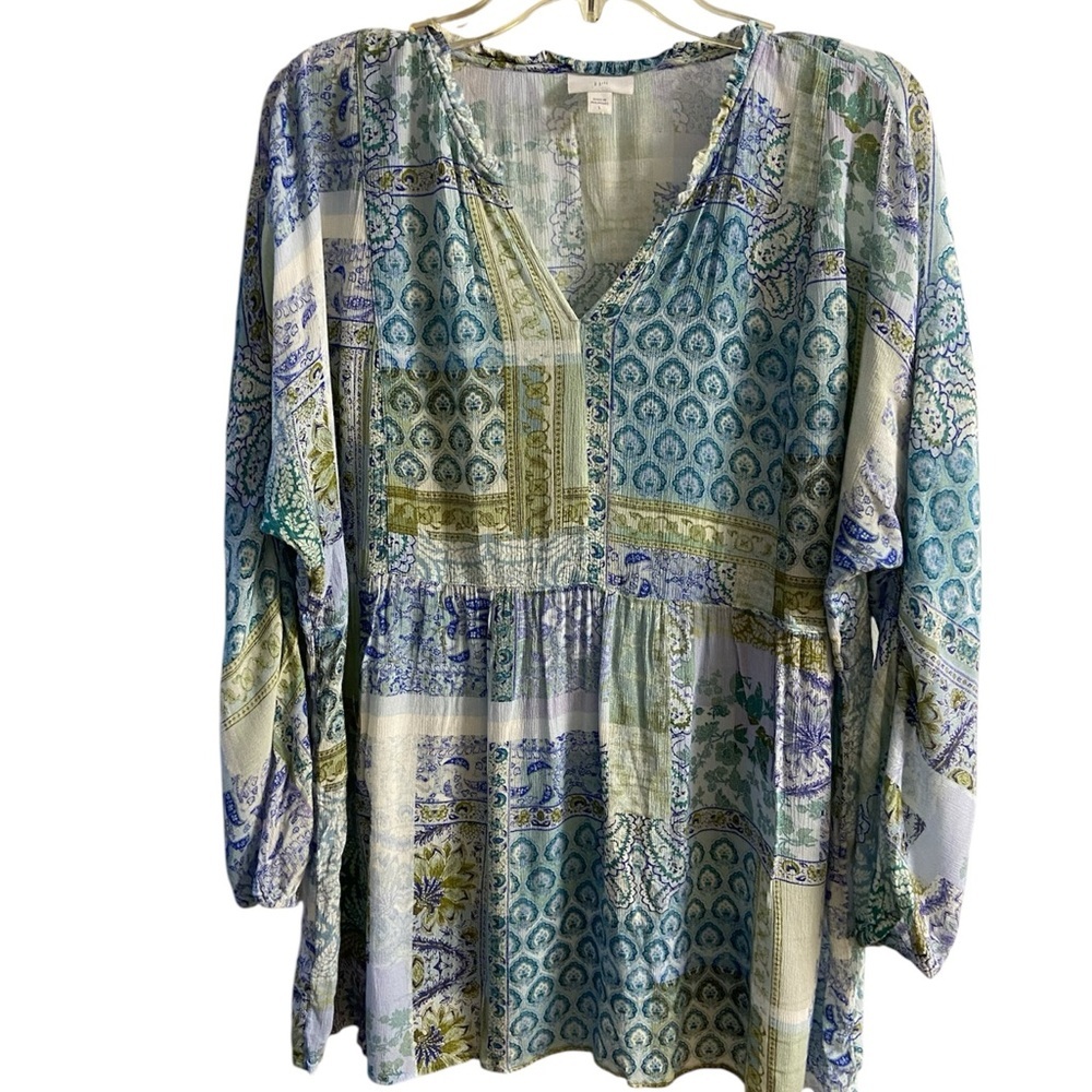 J. Jill Patchwork V-Neck Tunic in Blue & Green Large